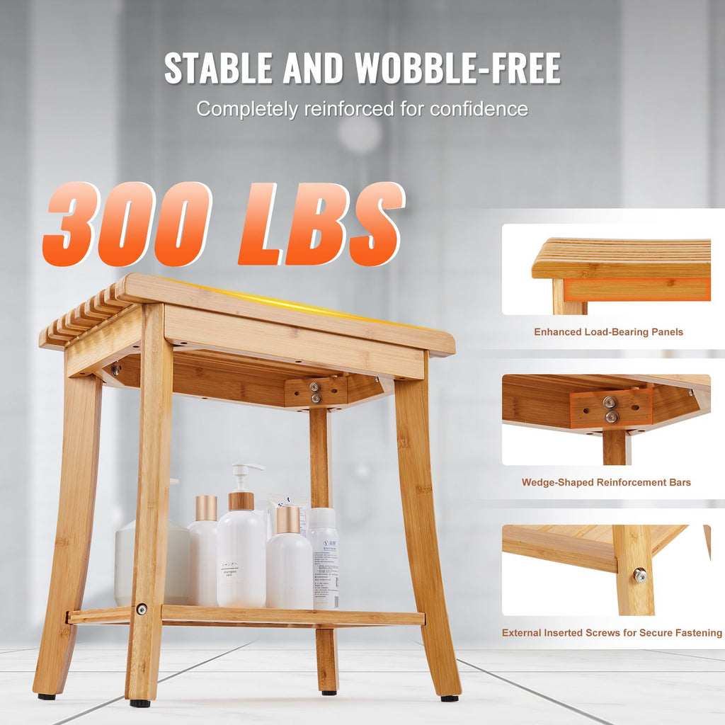Bamboo Shower Bench, 19.1 x 11.3 x 18.3 in, Waterproof Shower Stool Chair with Storage Shelf, 330lbs Load Capacity Spa Bath Seat Organizer, for Adults Seniors Women Elderly Indoor Outdoor