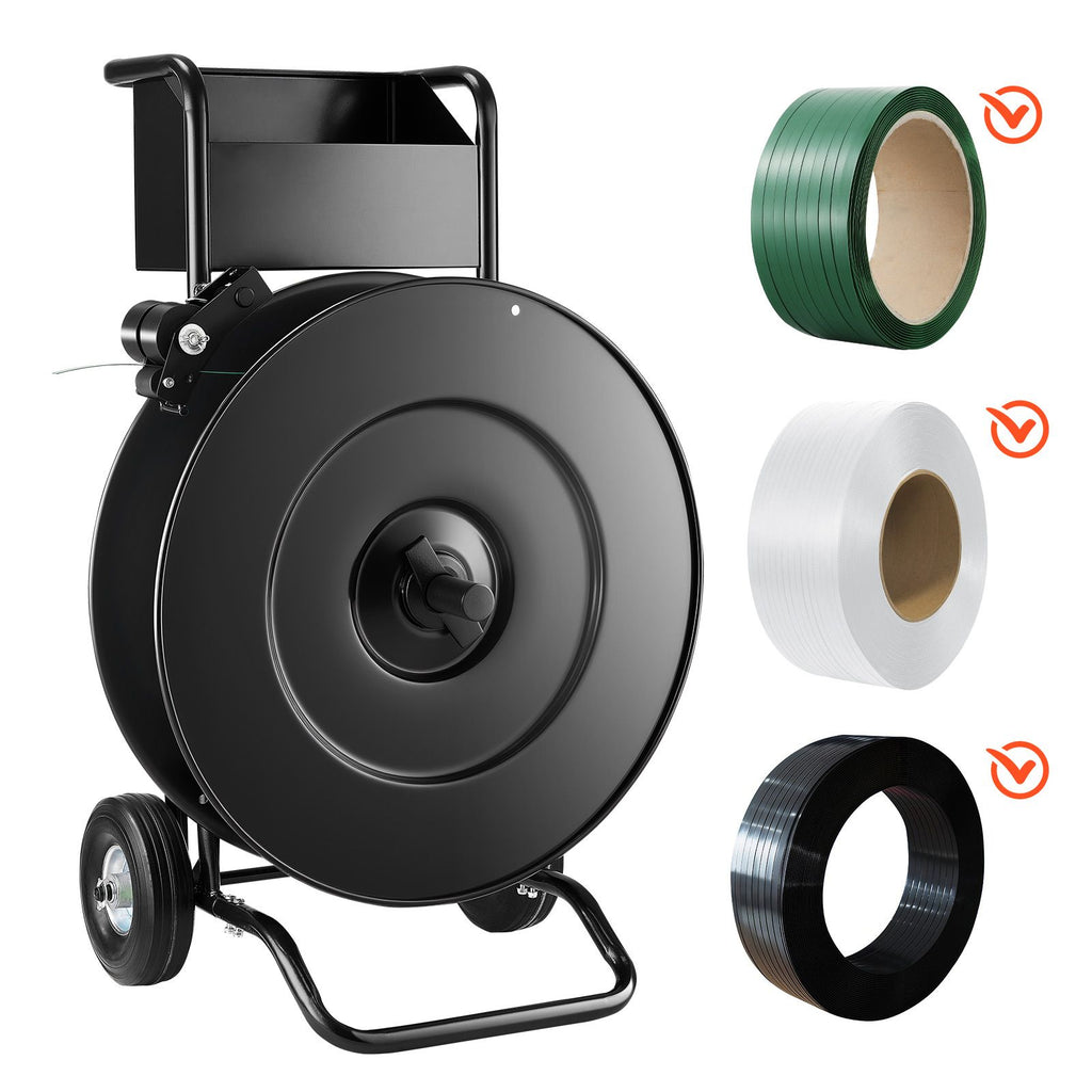 Banding Strapping Cart, Fit for PET / PP / Steel Strap Coils with 8 or 16 inches Core Size, Heavy Duty Strapping Dispenser Equipped with Upgrade Drum Brake, Built-in Spacious Tray for Tools