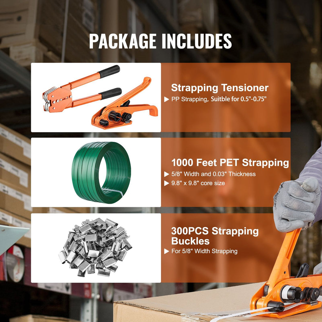 Banding Strapping Kit with Strapping Tensioner Tool, Banding Sealer Tool, 300 Metal Seals, 1000ft Length PET Band, Pallet Packaging Strapping Banding Kit Banding Packaging Strapping for Packing