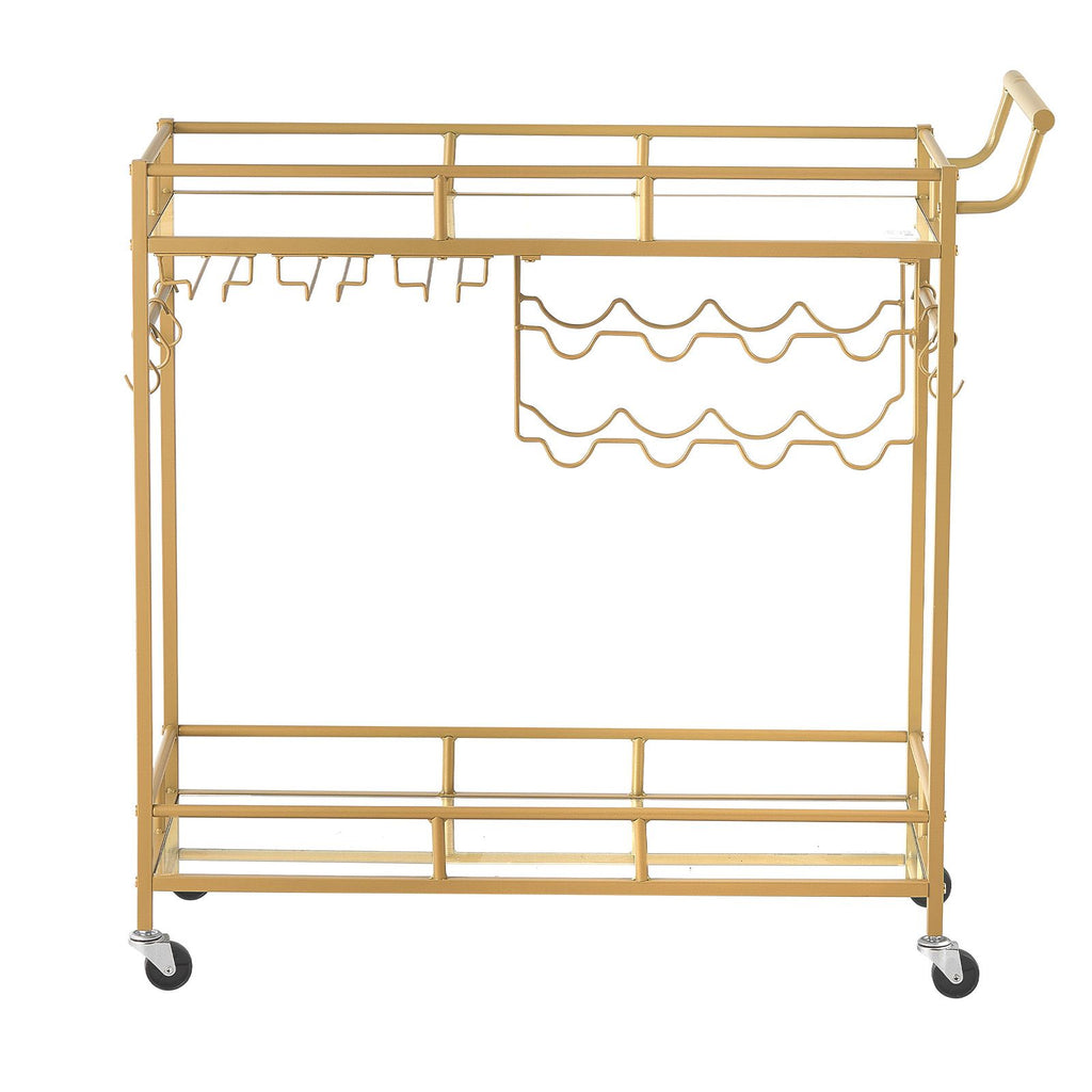 Bar Cart, 2 Tiers Home Kitchen Serving Carts, Modern Rolling Utility Station on Wheels, Drink Beverage Trolley with Mirrored Glass Shelves, Wine Rack, Glass Holder, for Living Dining Room, Gold