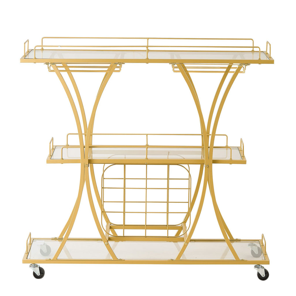 Bar Cart, 3 Tiers Home Kitchen Serving Carts, Modern Rolling Utility Station on Wheels, Drink Beverage Trolley with Tempered Glass Shelves, Wine Rack, Glass Holder, for Living Dining Room, Gold
