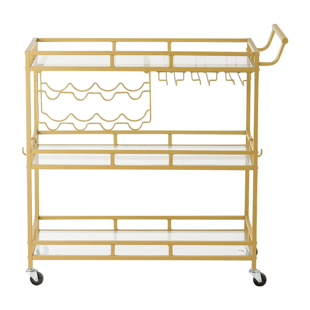 Bar Cart, 3 Tiers Home Kitchen Serving Carts, Modern Rolling Utility Station on Wheels, Drink Beverage Trolley with Tempered Glass Shelves, Wine Rack, Glass Holder, for Living Dining Room, Gold