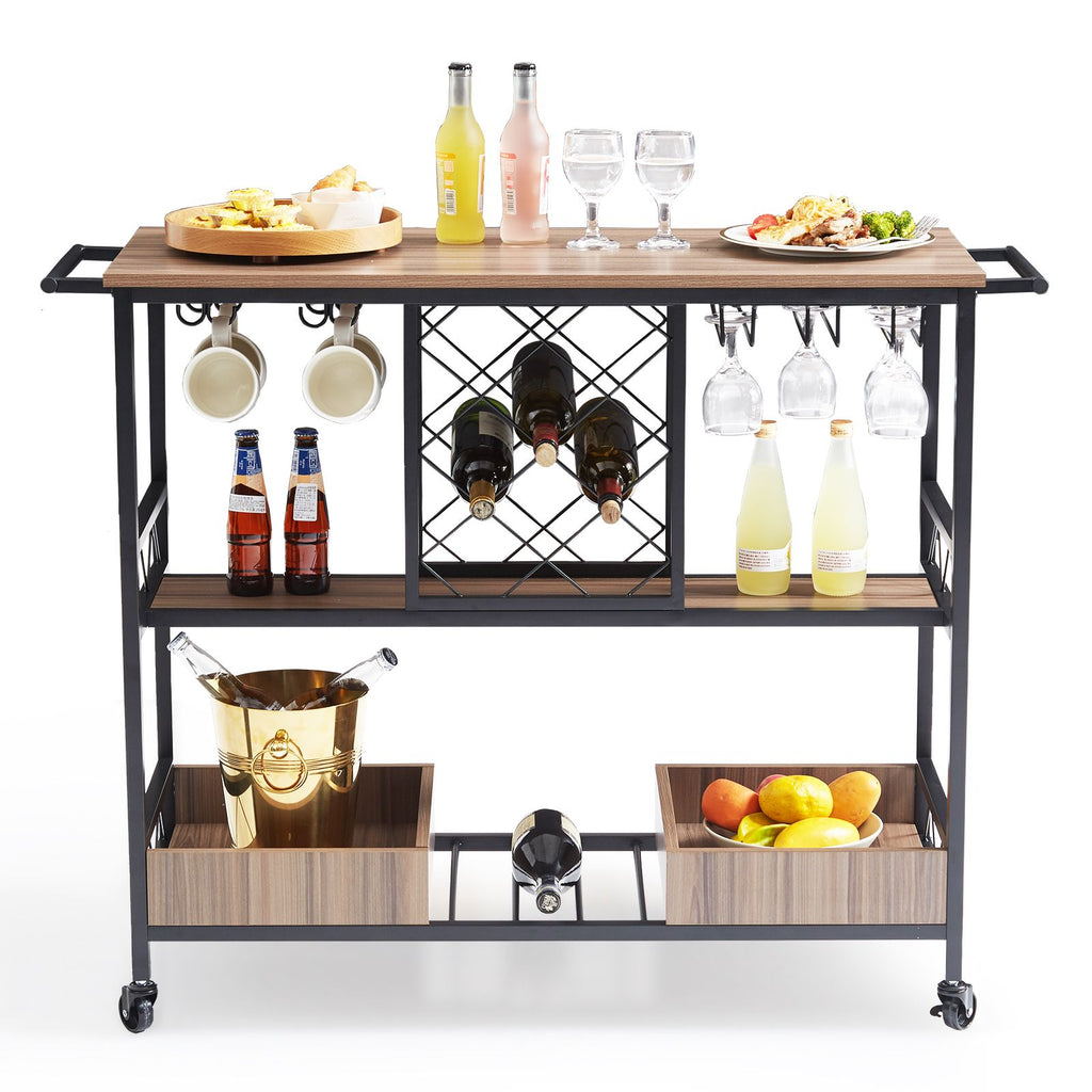 Bar Cart, Home Serving Cart, 3 Tiers 300 LBS Industrial Rolling Beverage Station on Lockable Wheels, Mobile Alcohol Drink Cart with Removable Tray Wine Rack Glass Holder for Kitchen Dining Room