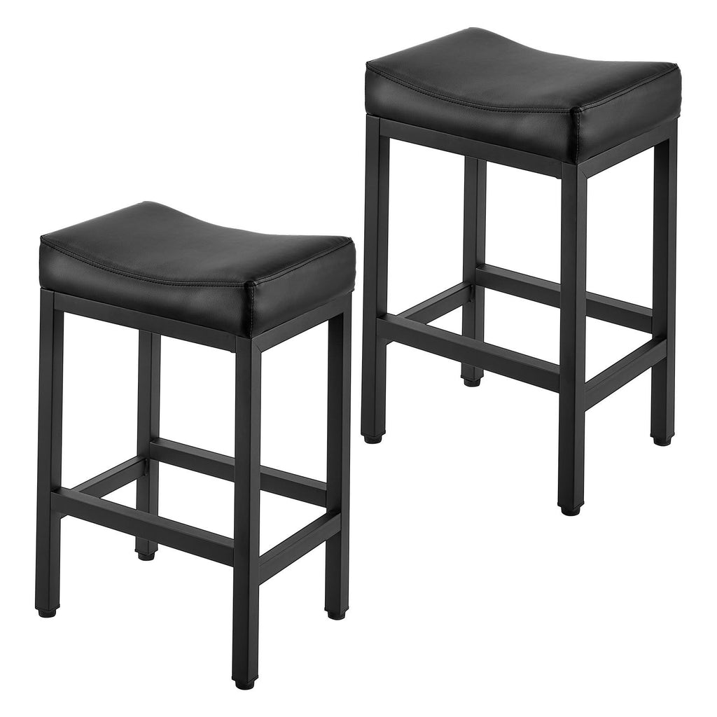 Bar Stool Set of 2, PU Leather Counter Height Stools, 25 inch Barstool with Saddle-Seat and Metal Legs, Easy Assembly Backless Bar Chair, Island Barstools for Kitchen, Dining Room, Cafe, Black