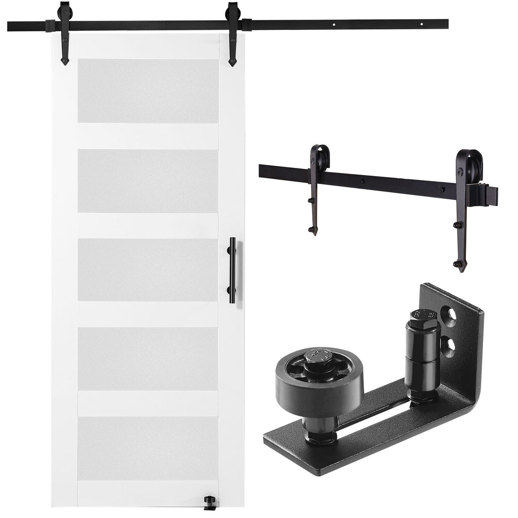 Barn Door and Hardware Kit, 30" x 84" Wood and Glass Sliding Barn Door, Smoothly and Quietly, Barn Door Kit with 8-in-1 Floor Guide and Door Handle, Spruce Wood Slab and Frosted Glass