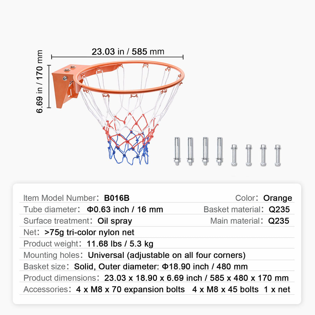 Basketball Rim, Wall Door Mounted Basketball Hoop, Heavy Duty Q235 Basketball Flex Rim Goal Replacement with Net, Standard 18" Indoor and Outdoor Hanging Basketball Hoop for Kids Adults