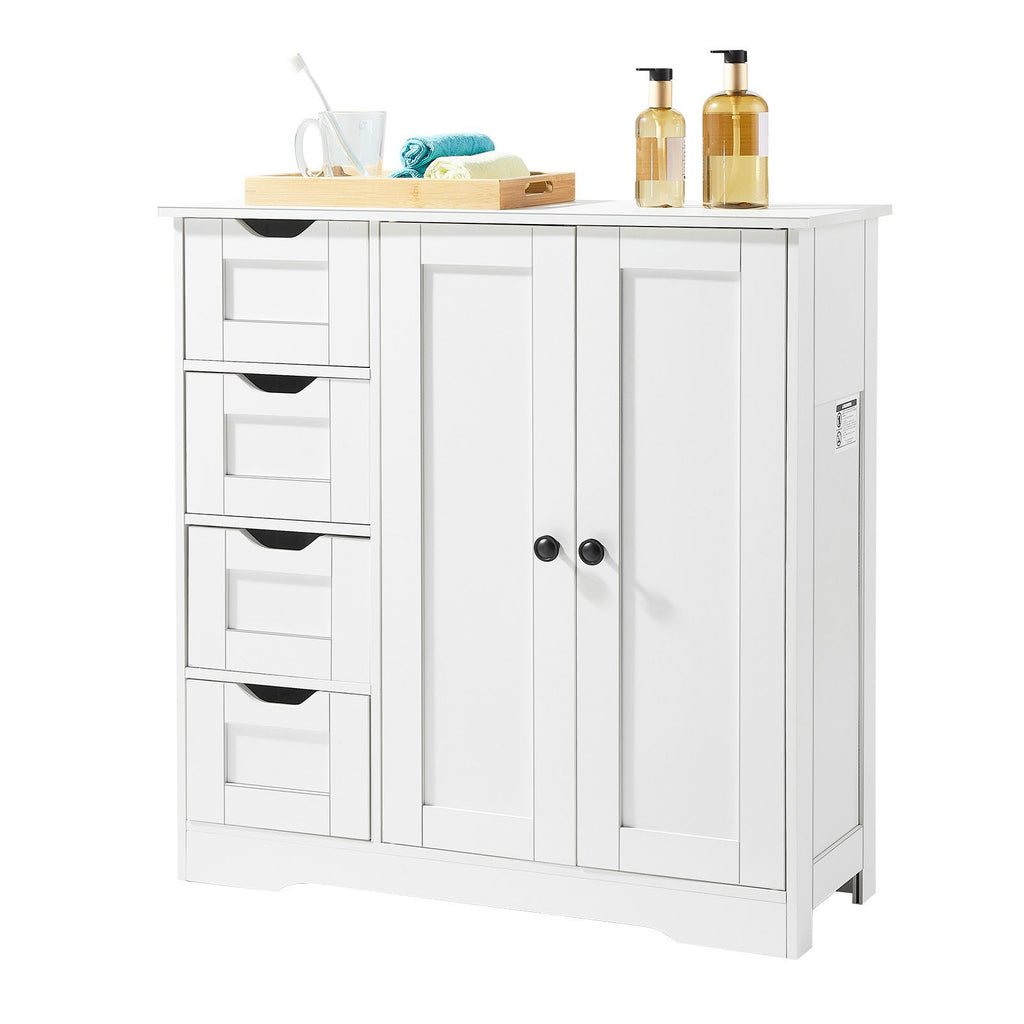 Bathroom Floor Cabinet, 3-Tier, Wooden Storage Organizer with 2 Doors, 4 Drawers and Adjustable Shelf, Modern Home Furniture Freestanding Cupboard for Kitchen/Living Room/Entryway Use, White