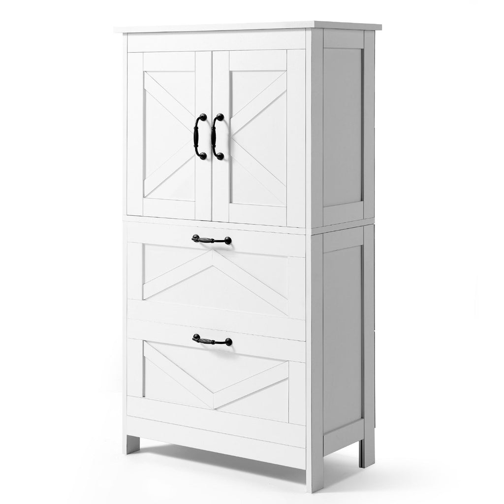 Bathroom Floor Cabinet, 4-Tier, Wooden Storage Organizer with 2 Doors, 2 Drawers and Adjustable Shelf, Modern Home Furniture Freestanding Cupboard for Kitchen/Living Room/Entryway Use, White