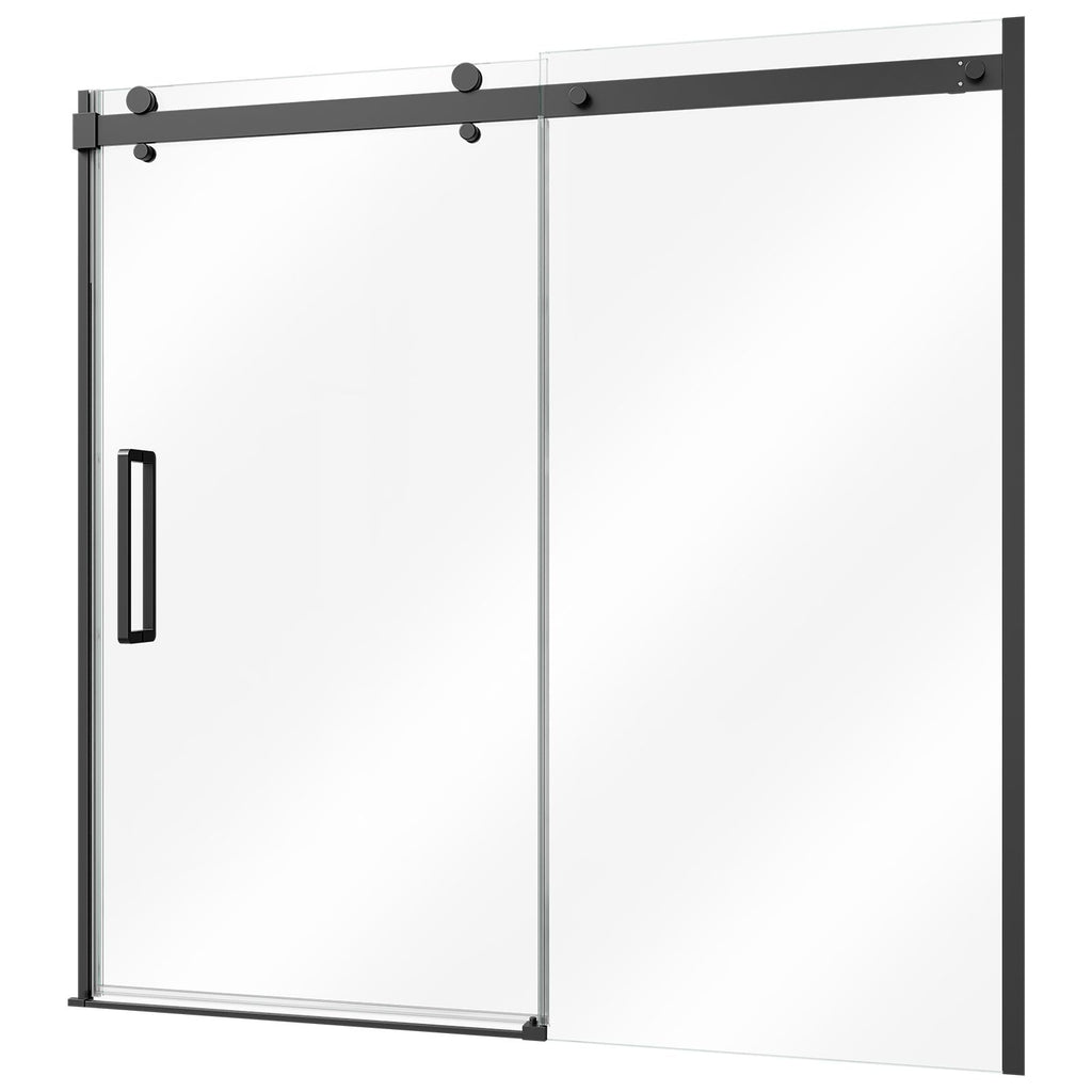 Bathtub Shower Door 60" W x 60" H Semi-Frameless Sliding Door Black, 5/16" Thick Clear Tempered Glass, Sliding Tub Shower Door with 2 Stainless Steel Handles, Nano Coating, for Bathroom Tubs