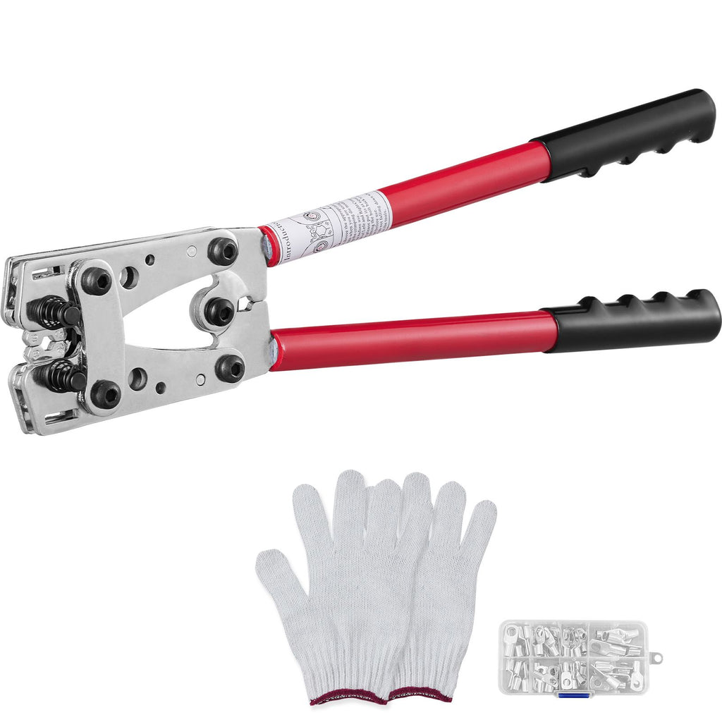Battery Cable Lug Crimping Tool, 10-1/0 AWG with Heavy Duty Wire Lugs, with 60PCS Aluminum Ring Connectors Terminals 6 Wire Sizes Crimping Die Aluminum Terminal Battery Lug Crimper