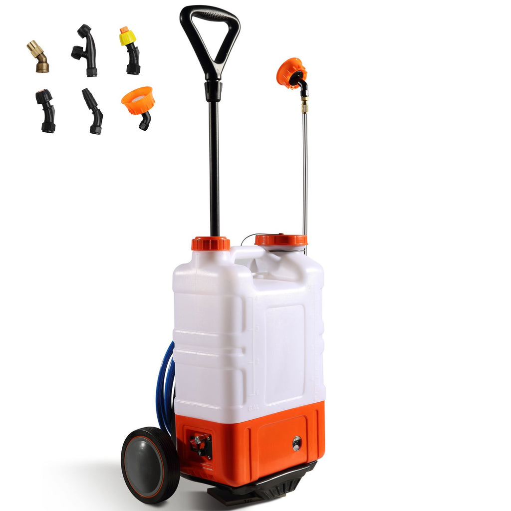 Battery Powered Backpack Sprayer with Cart, 0-94 PSI Adjustable Pressure, 4 Gallon Tank on Wheels, with 8 Nozzles and 2 Wands, 12V 7.2Ah Battery, Wide Mouth Lid for Weeding, Spraying, Cleaning