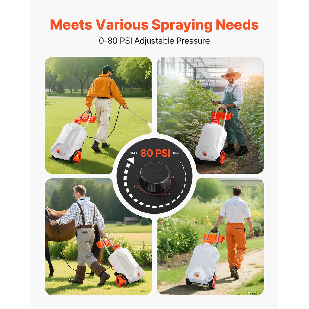 Battery-Powered Sprayer with Wheeled Cart, 10 Gallons Electric Weed Sprayer, Adjustable 0-80 PSI, Yard Lawn Sprayers with Wheels, 5 Nozzles & 98ft Hose, 3-6H Spray Time, for Weeding, Cleaning image 2