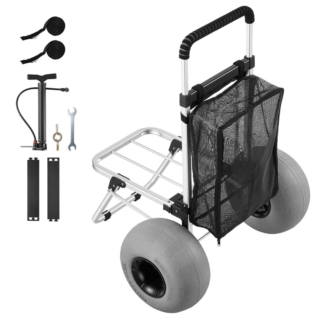 Beach Dolly with Big Wheels for Sand, 20" x 15" Cargo Deck, Folding Sand Cart with 12" Balloon Wheels, 165 lbs Loading Capacity & 34" to 46" Adjustable Height, Heavy Duty Cart for Beach Camping
