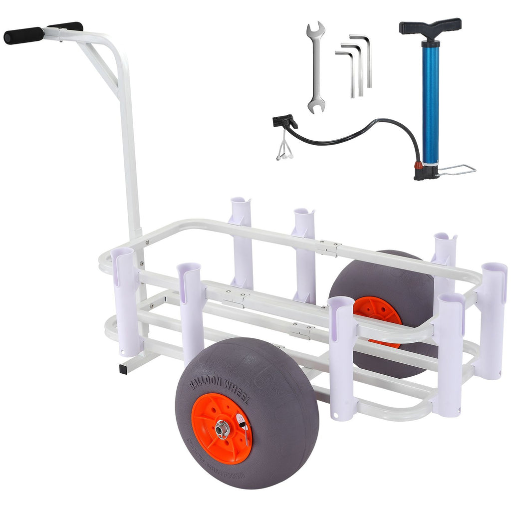 Beach Fishing Cart, 300 lbs Load Capacity, Fish and Marine Cart with Two 13" Big Wheels PU Balloon Tires for Sand, Heavy-Duty Aluminum Pier Wagon Trolley with 8 Rod Holders for Fishing, Picnic