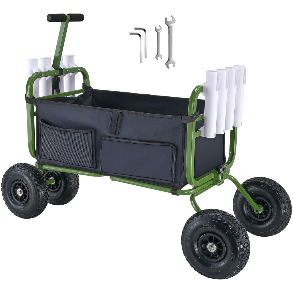 Beach Fishing Cart, 300 lbs Load Capacity, Foldable Fish and Marine Cart with Four 11" Big Wheels Rubber Balloon Tires, Heavy-Duty Steel Pier Wagon Trolley with 8 Rod Holders for Picnic