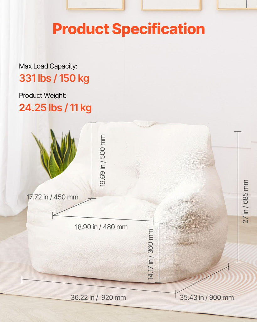 Bean Bag Chair, 3 feet Bean Bag Chair with Soft Armrests and Storage Pocket, 25D Memory Foam Filled with Soft Teddy Velvet Cover, Bean Bag for Bedroom or Playroom, White image 2