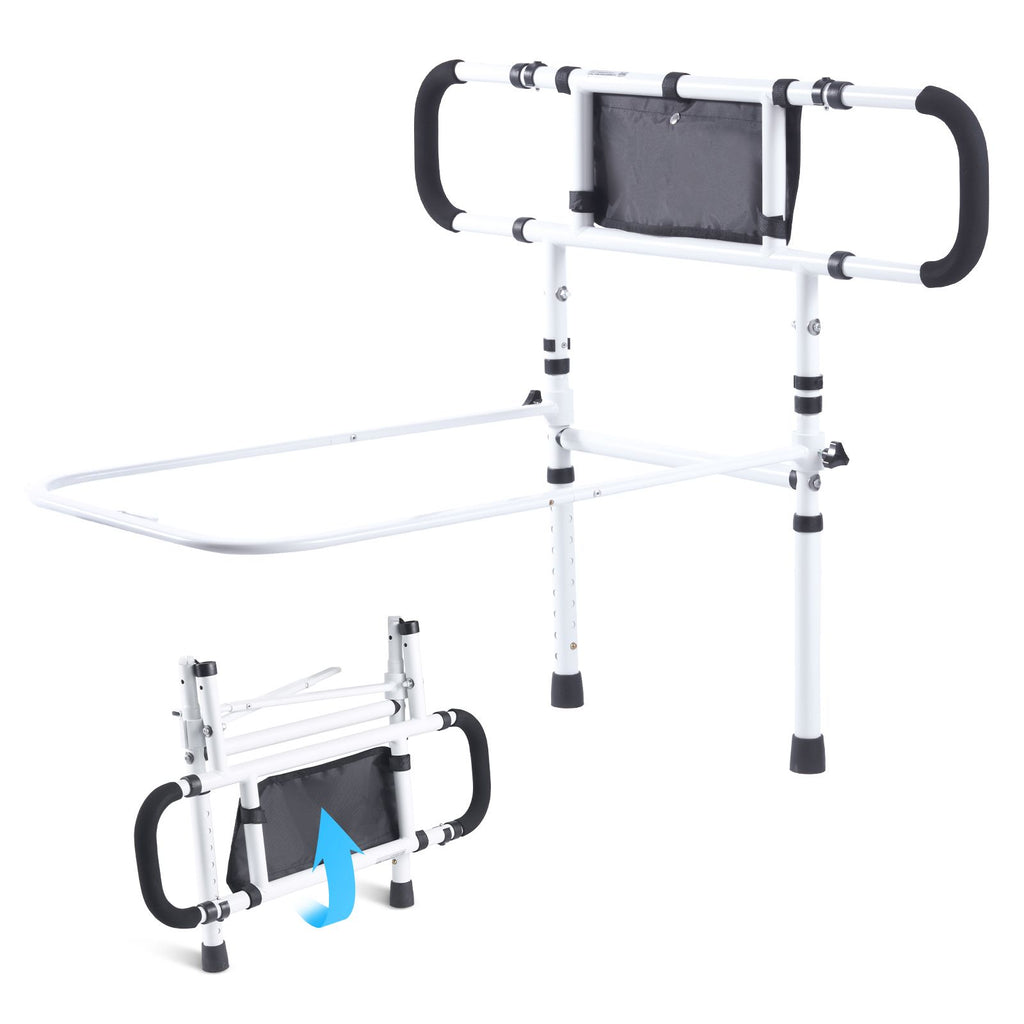 Bed Rails for Elderly Adults, 180° Foldable Bed Assist Rails for Seniors, 450LBS Loading Bed Side Rails Bed Cane with 4-Level Adjustable Handle, Storage Pocket Fits King Queen Full Twin Bed