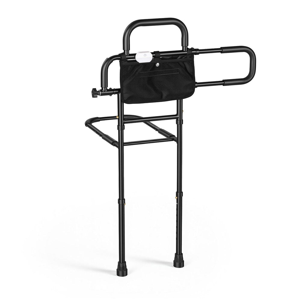 Bed Rails for Elderly Adults Bed Side Assist Rail with Floor Support, Motion Sensor LED Light, 300LBS Dual-Handle Support, Adjustable Handle Length, Storage Pocket, Fits King Queen Full Twin Bed