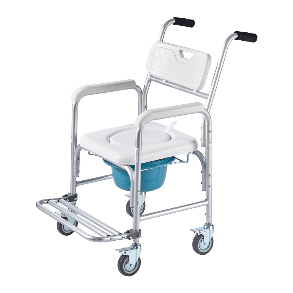 Bedside Commode Chair with Wheels, 350 lbs Capacity, 4-in-1 Portable Toilet and Raised Toilet Seat with Padded Seat/Backrest/Flip-up Footrest, Detachable 5L Bucket, Shower Wheelchair for Seniors