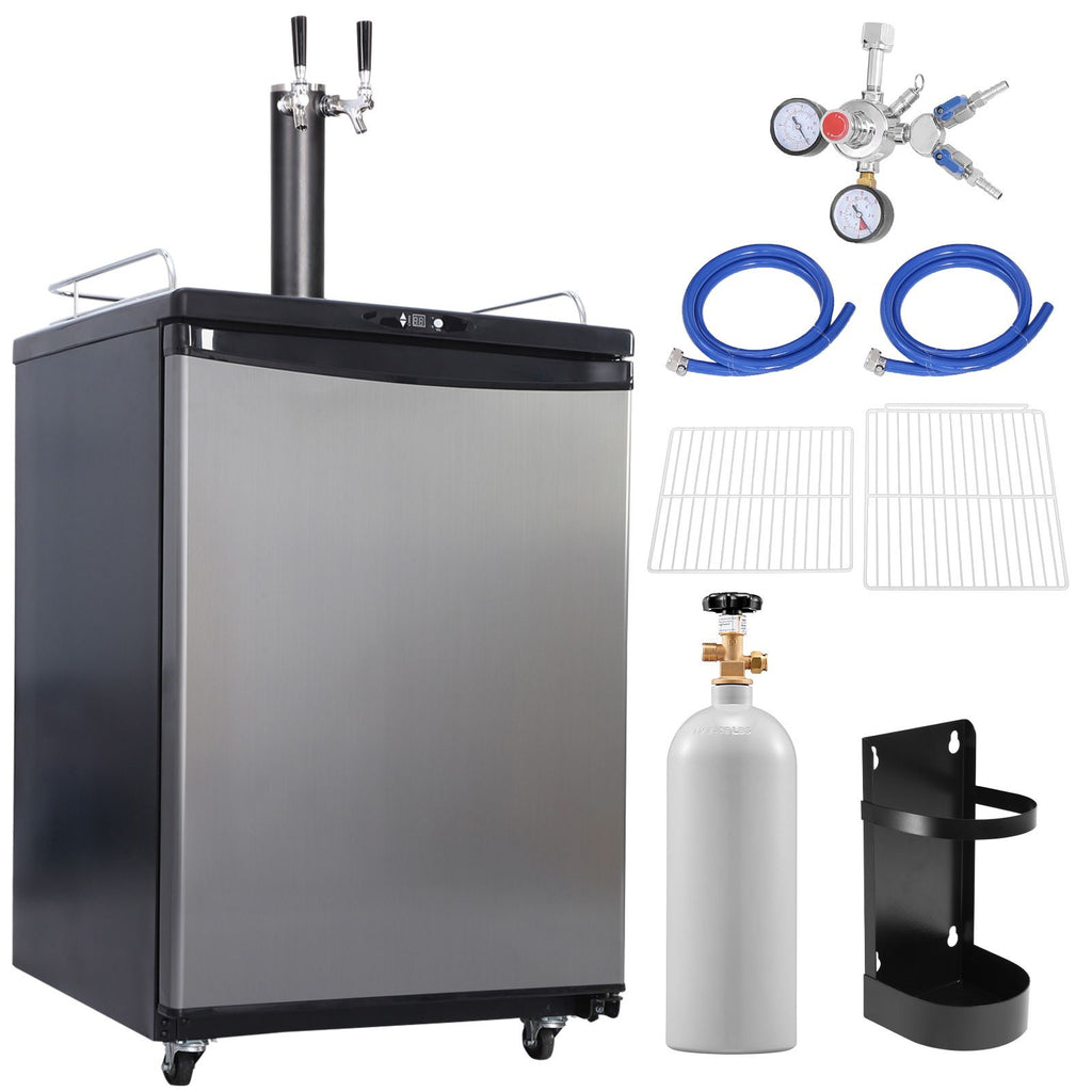 Beer Kegerator, Dual Tap Draft Beer Dispenser, CO2 Cylinder, Drip Tray & Rail, 32 Fahrenheit - 75.2 Fahrenheit Temperature Control, Holds 1/6, 1/4, 1/2 Barrels, Black