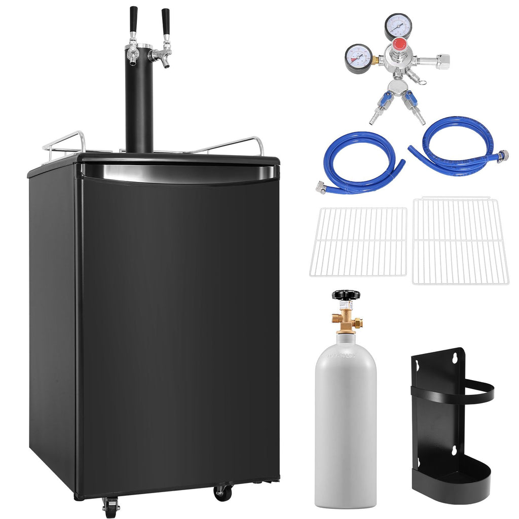 Beer Kegerator, Dual Tap Draft Beer Dispenser, Full Size Keg Refrigerator with CO2 Cylinder, Shelves, Drip Tray & Rail, 32 - 50 Fahrenheit Temperature Control, Hold 1/6, 1/4, 1/2 Barrels, Black