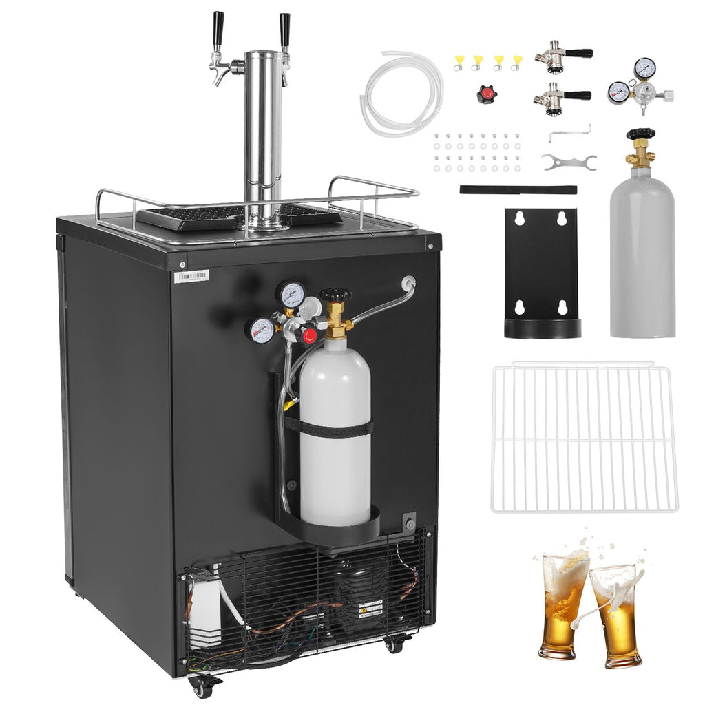 Beer Kegerator, Dual Tap Draft Beer Dispenser, Full Size Keg Refrigerator With Shelf, CO2 Tank(No Gas), Drip Tray & Rail, 23 Fahrenheit - 82.4 Fahrenheit Temperature Control, 162L, Silver