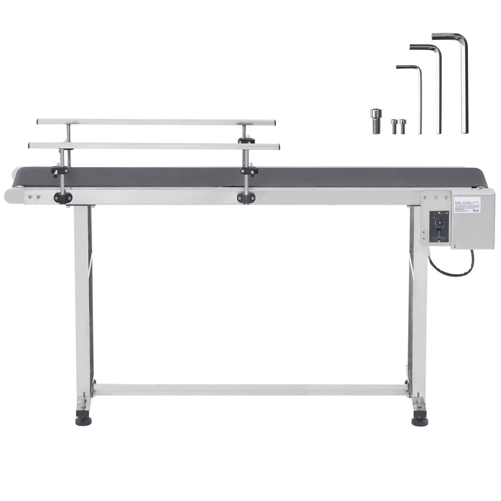Belt Conveyor, 59 x 23.6 inch Conveyor Table, Heavy Duty Stainless Steel Motorized Belt Conveyor for Inkjet Coding Applications Powered PVC Belt Anti-Static Adjustable Speed (Double Guardrail)