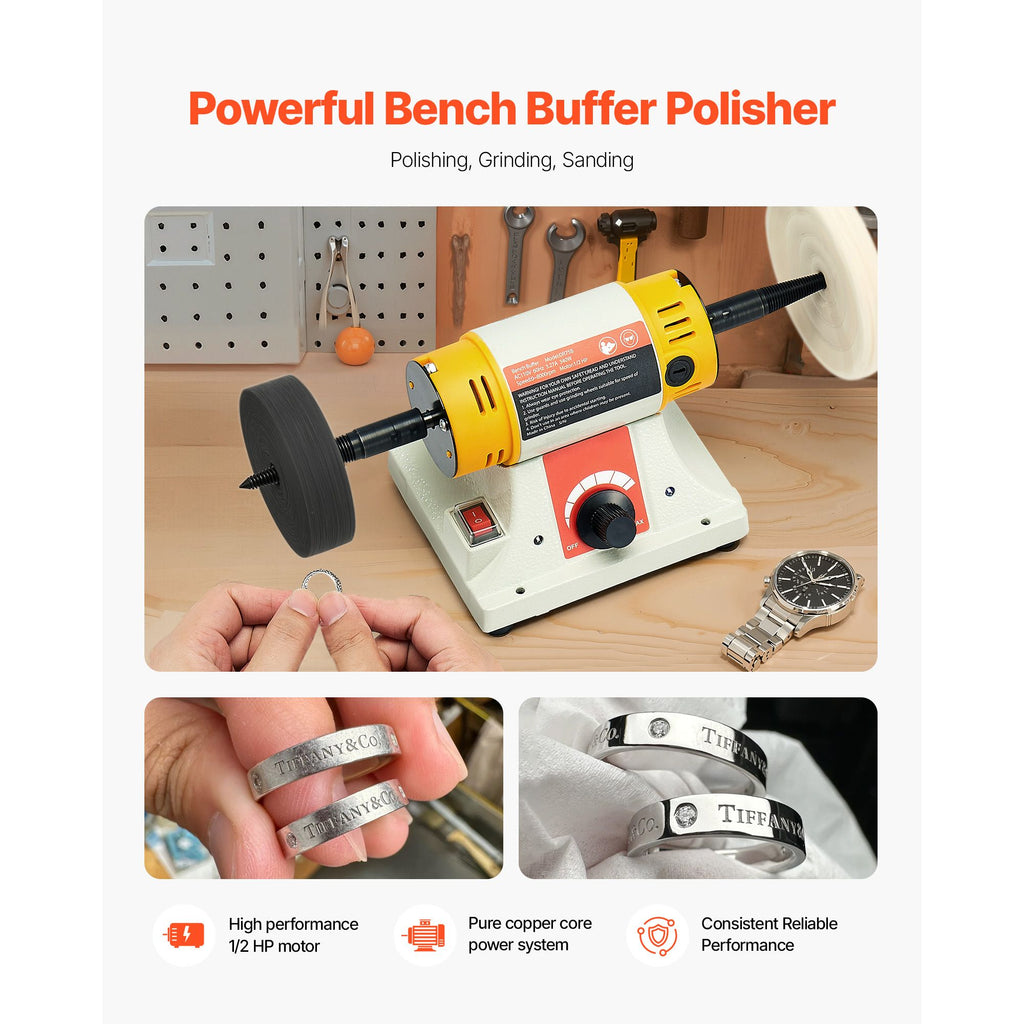 Bench Buffer Polisher, 1/2HP Polishing Buffing Machine, 0 to 8000RPM Benchtop Polisher Grinder with 4" Cloth Wheel, 3" Grinding Wheel & 3" Fiber Wheel for Metal, Jewelry, Wood and Plastic image 2