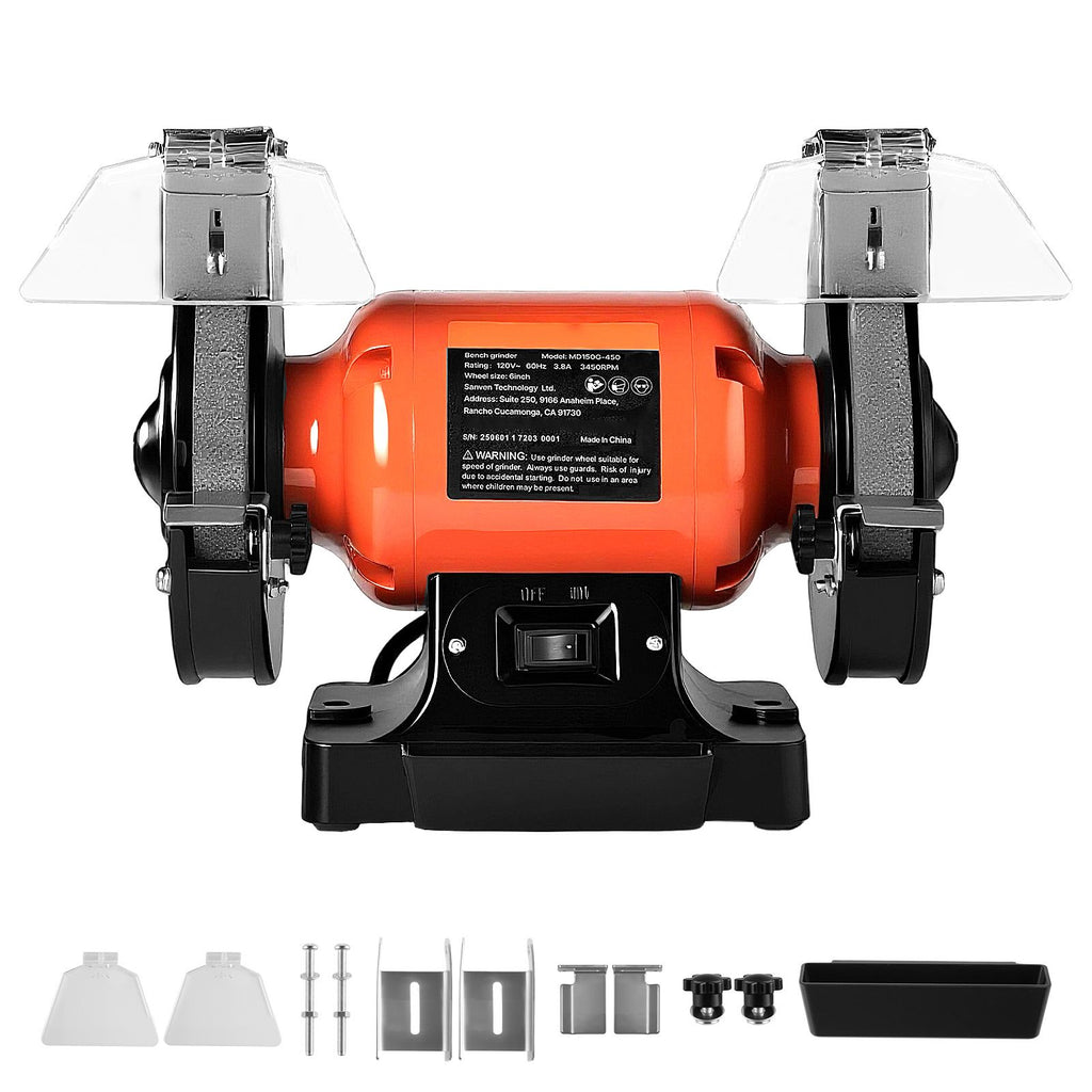 Bench Grinder, 6-inch Single Speed Bench Grinder, 3450RPM High-Speed Table Grinders with 450W 3.8A Induction Motor, 36/60-Grit Grinding Wheel & Adjustable Eye Shield for Fast Sharpening Grinding