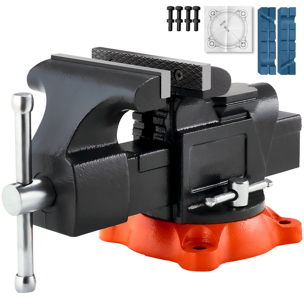 Bench Vise, 5" Jaw Width, 5" Max Jaw Opening Multipurpose Vise with 360° Swivel Locking Base, 2.8" Throat Depth, Heavy Duty Ductile Iron Workbench Vise with Anvil, for Clamping Round Pipes