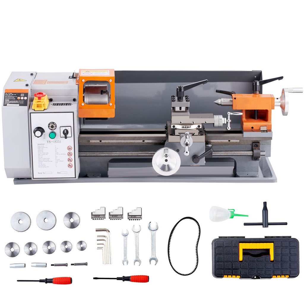 Benchtop Metal Lathe, 7'' x 13.78'', offers precise metalworking with a 0-2200 RPM variable speed, powered by a 500W brush motor and durable metal gears. Includes a tool box for precise part