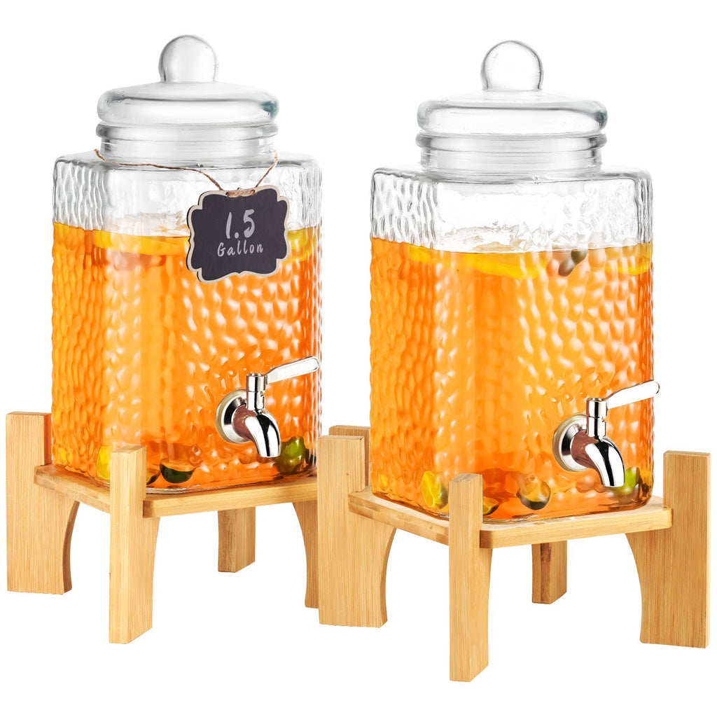 Beverage Dispenser, 1.5 Gallon Drink Dispensers for Parties,2PC,Glass Juice Dispenser with Stand, Stainless Steel Spigot, Iced Tea Lemonade Juice Water Dispenser, for Restaurants, Hotels, Partie