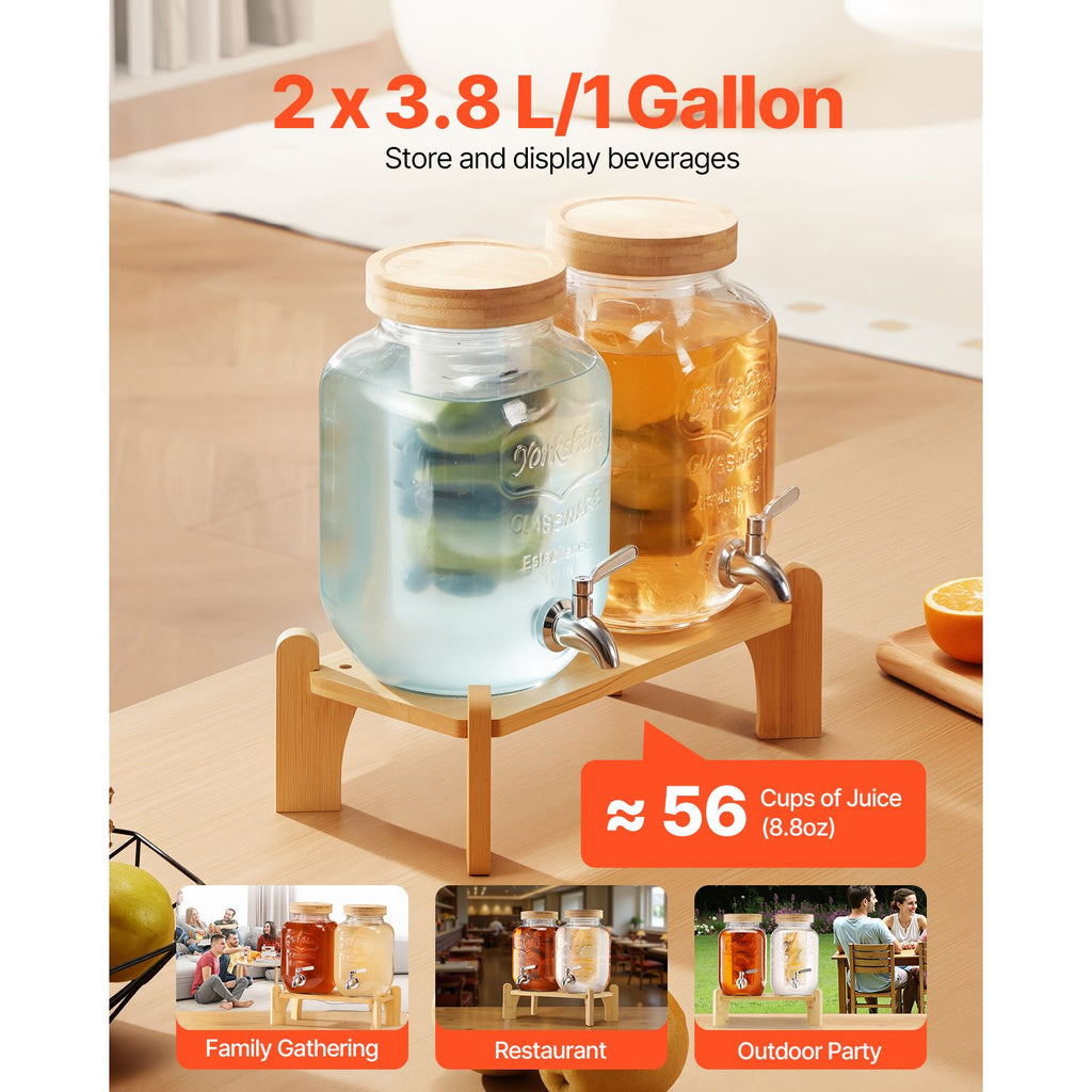 Beverage Dispenser, 2 Pack 1 Gallon Drink Dispensers for Parties, Glass Juice Dispenser with Wood Stand, Stainless Steel Spigot, Infuser, Iced Tea Lemonade Juice Water Dispensers for Parties image 2