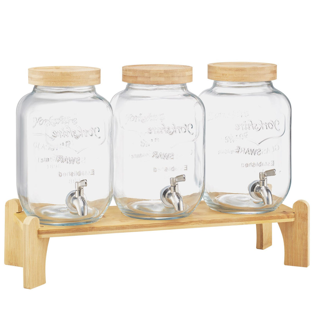 Beverage Dispenser, 3 Pack 1 Gallon Drink Dispensers for Parties, Glass Juice Dispenser with Wood Stand, Stainless Steel Spigot, Infuser, Iced Tea Lemonade Juice Water Dispensers for Parties