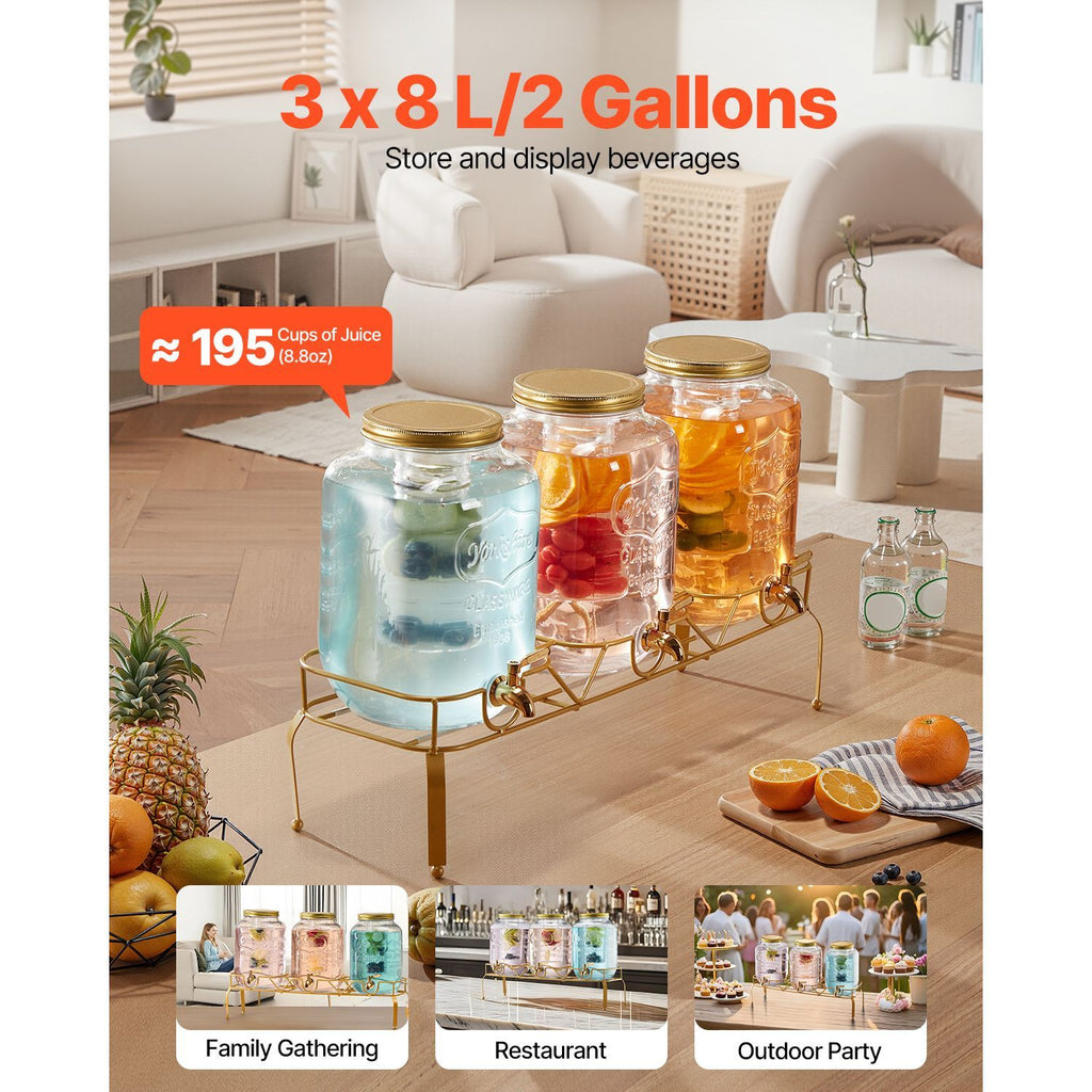 Beverage Dispenser, 3 Pack 2 Gallon Drink Dispensers for Parties, Glass Juice Dispenser with Metal Stand, Stainless Steel Spigot, Infuser, Iced Tea Lemonade Juice Water Dispensers for Parties