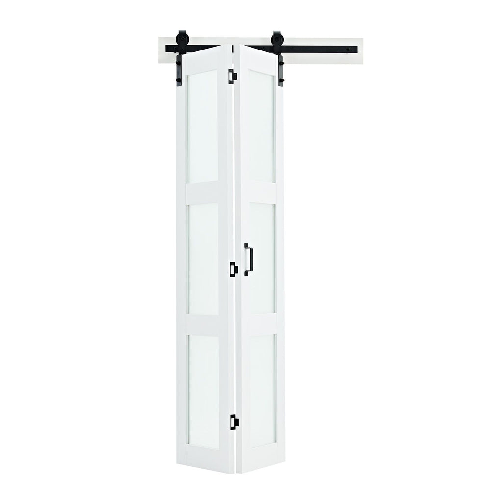 Bifold Barn Door, 36" x 84", MDF with Tempered Glass Bi-Fold Sliding Closet Doors, Hardware Kit Included, Space-Saving Design, Pre-Assembled Panels for Bedroom, Living Room, Wardrobe, White