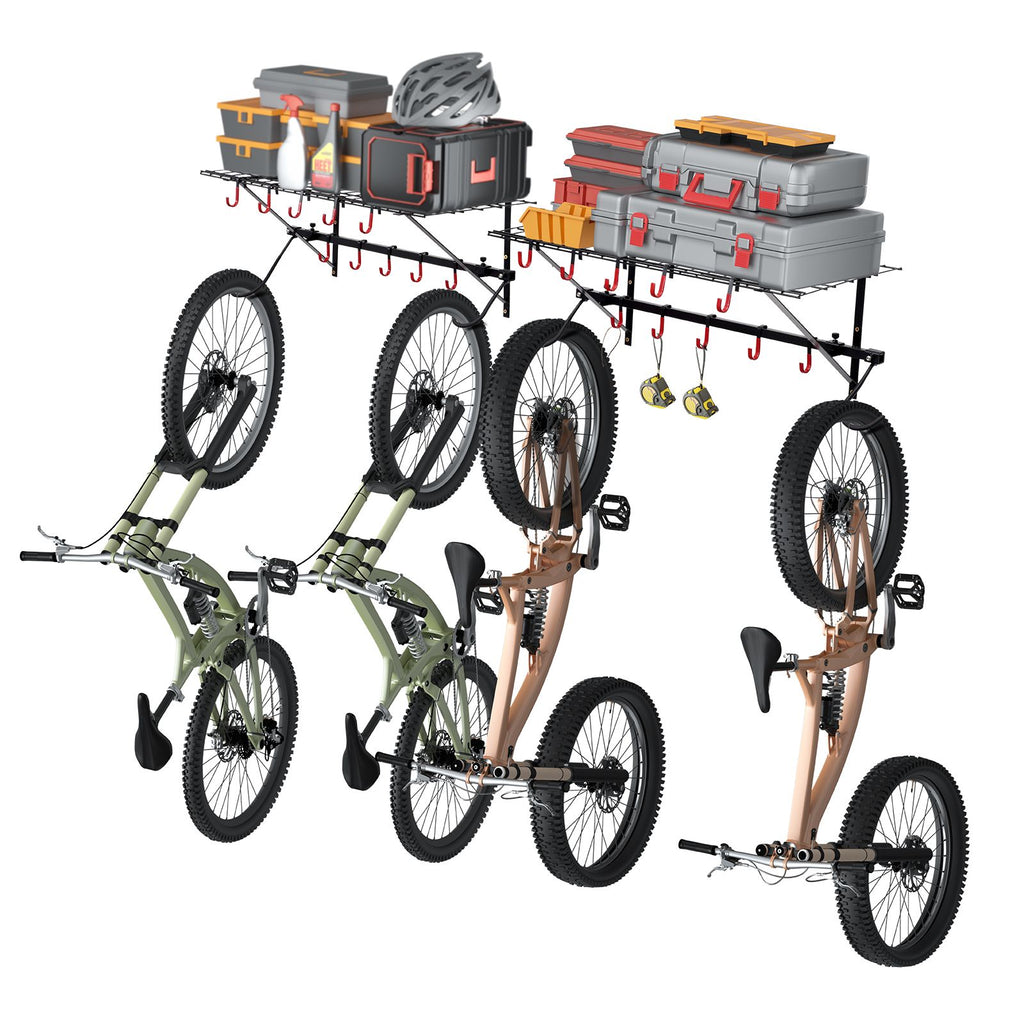 Bike Storage Rack, 4 Bike Racks, Wall Mount Bike Storage Hanger with 2 Shelves, Home and Garage Organizer, Customizable for Various Bike Sizes, Adjustable Holder, Holds Up to 500 lbs, 63-inch