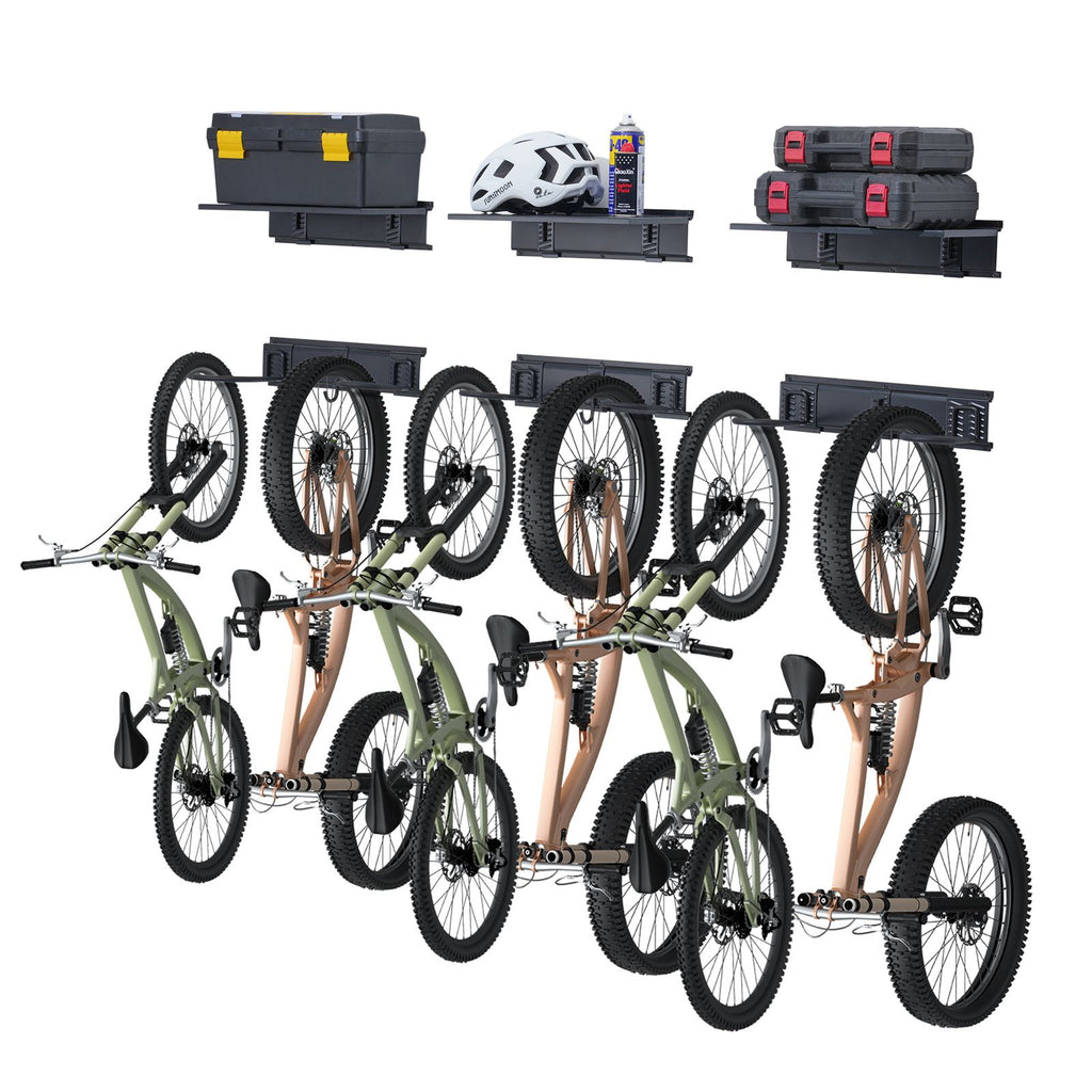 Bike Storage Rack, 6 Bike Racks and 3 Helmets Hooks, Wall Mount Bike Storage Hanger with 3 Shelves, Home & Garage Organizer, Customizable for Various Bike Sizes, Holds Up to 300 lbs, 48-inch