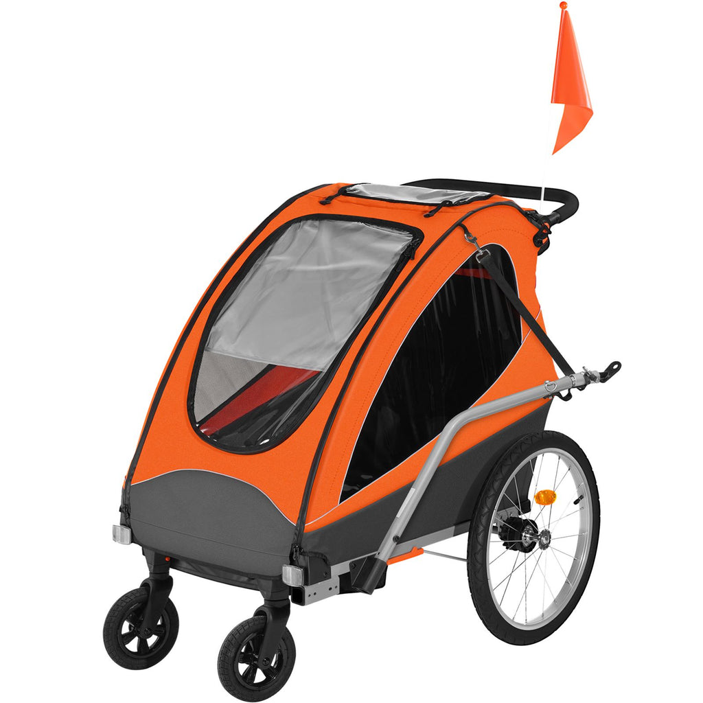 Bike Trailer for Toddlers, Kids, Double Seat, 100 lbs Load, 2-In-1 Canopy Carrier Converts to Stroller, Tow Behind Foldable Child Bicycle Trailer with Universal Bicycle Coupler, Orange and Gray