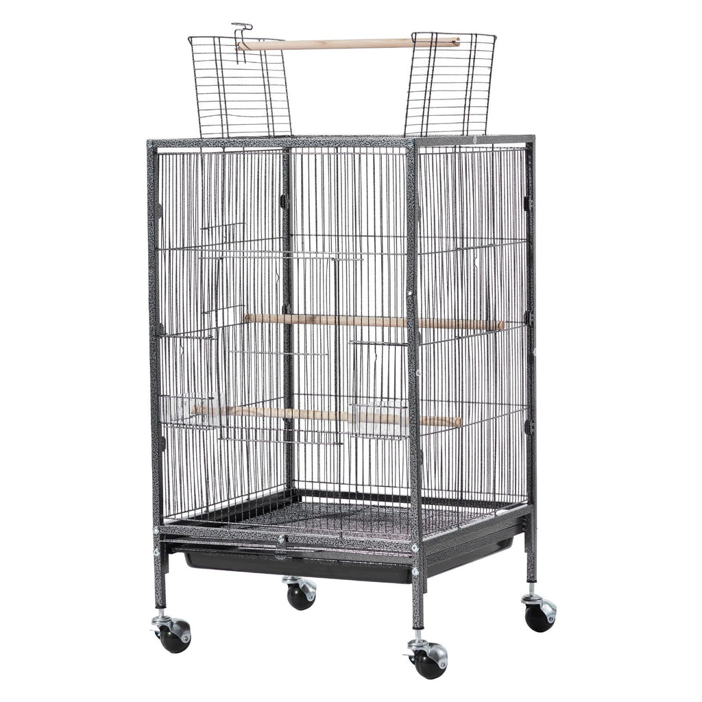 Bird Cage, 18 x 18 x 30 inch, Open Flat Top, Wrought Iron Bird Flight Cage with Perches, Slide-Out Tray and Plastic Feeders, Casters, for Parrot, Blue Tit, Cockatiel, Canary, Budgerigar, Conure