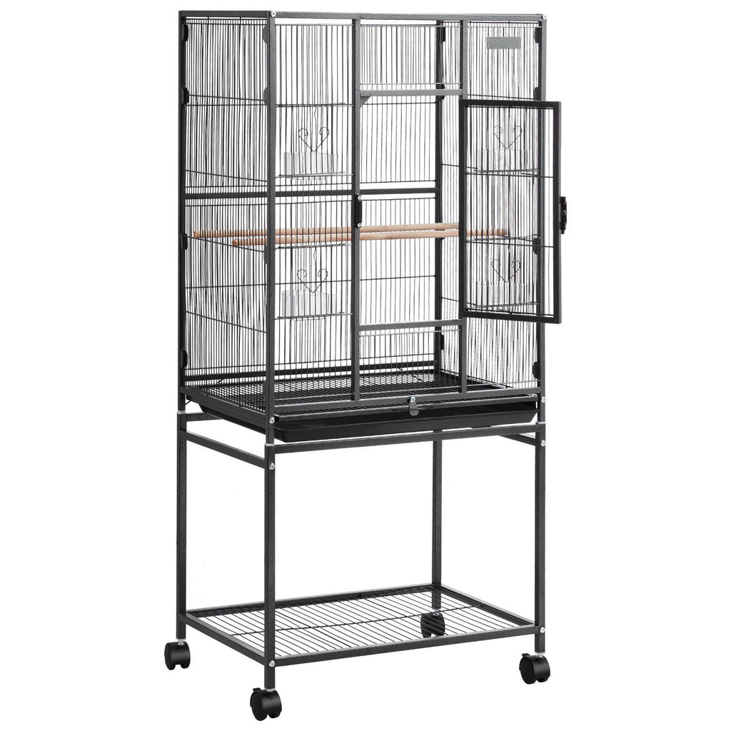 Bird Cage, 24.6 x 16.7 x 53.9 inch, Flat Top, Wrought Iron Bird Flight Cage with Perches, Slide-Out Tray and Plastic Feeders, Casters, for Parrot, Blue Tit, Cockatiel, Canary, Budgerigar, Conure