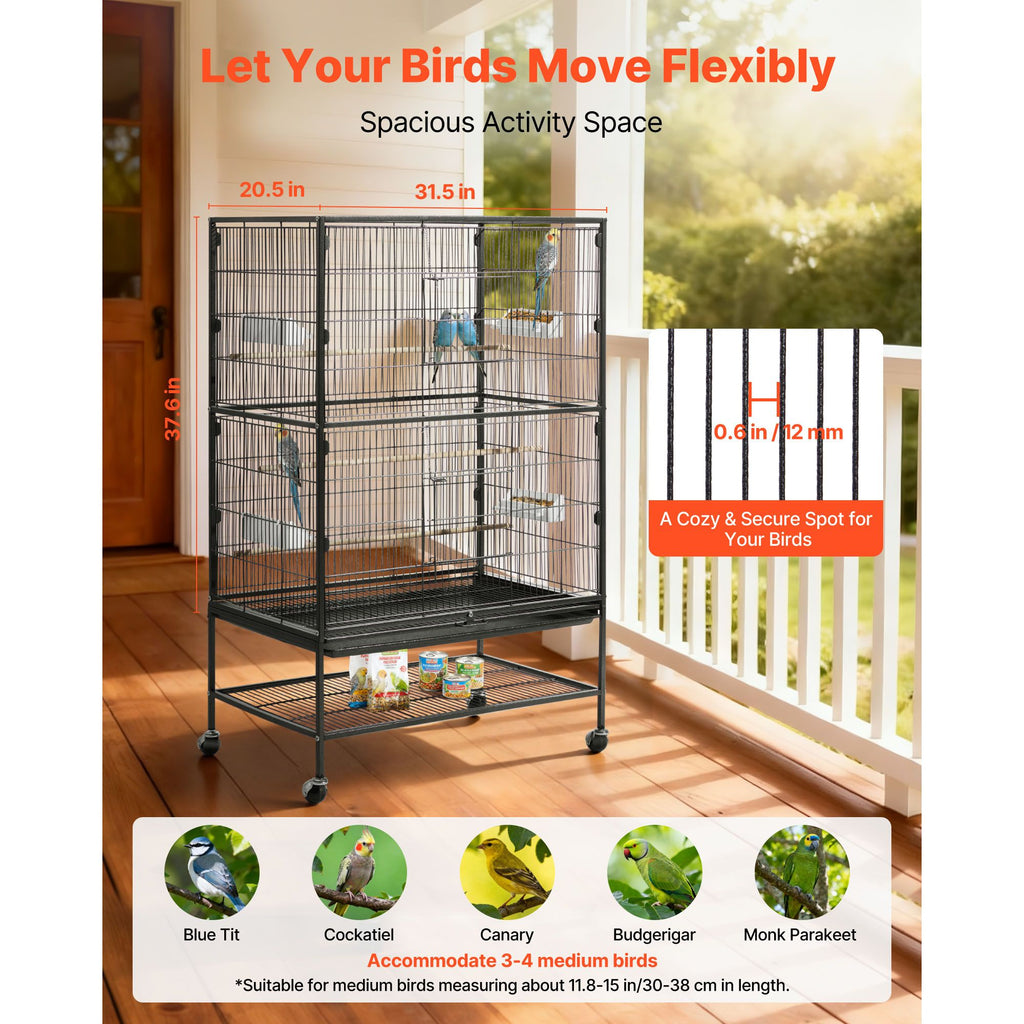 Bird Cage, 31.5 x 20.5 x 52 inch, Flat Top, Wrought Iron Bird Flight Cage with Perches, Slide-Out Tray and Plastic Feeders, Casters, for Parrot, Blue Tit, Cockatiel, Canary, and Monk Parakeet