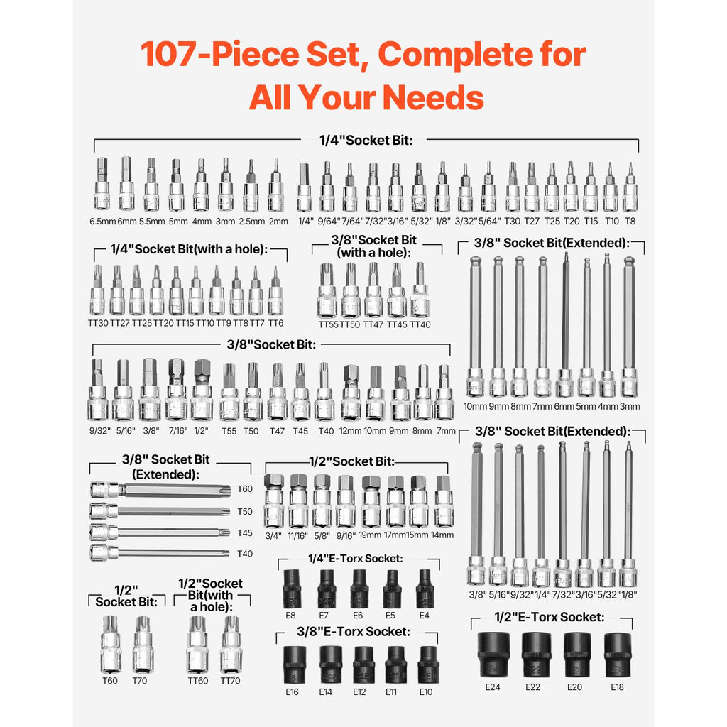 Bit Socket Set, 107-Piece SAE and Metric, Hex/Torx/External Torx/Tamper-Proof/Extra Long, S2 Alloy Steel and Cr-V Steel, 1/4 in, 3/8 in, and 1/2 in Drives, with Enhanced Storage Case, Hand Use