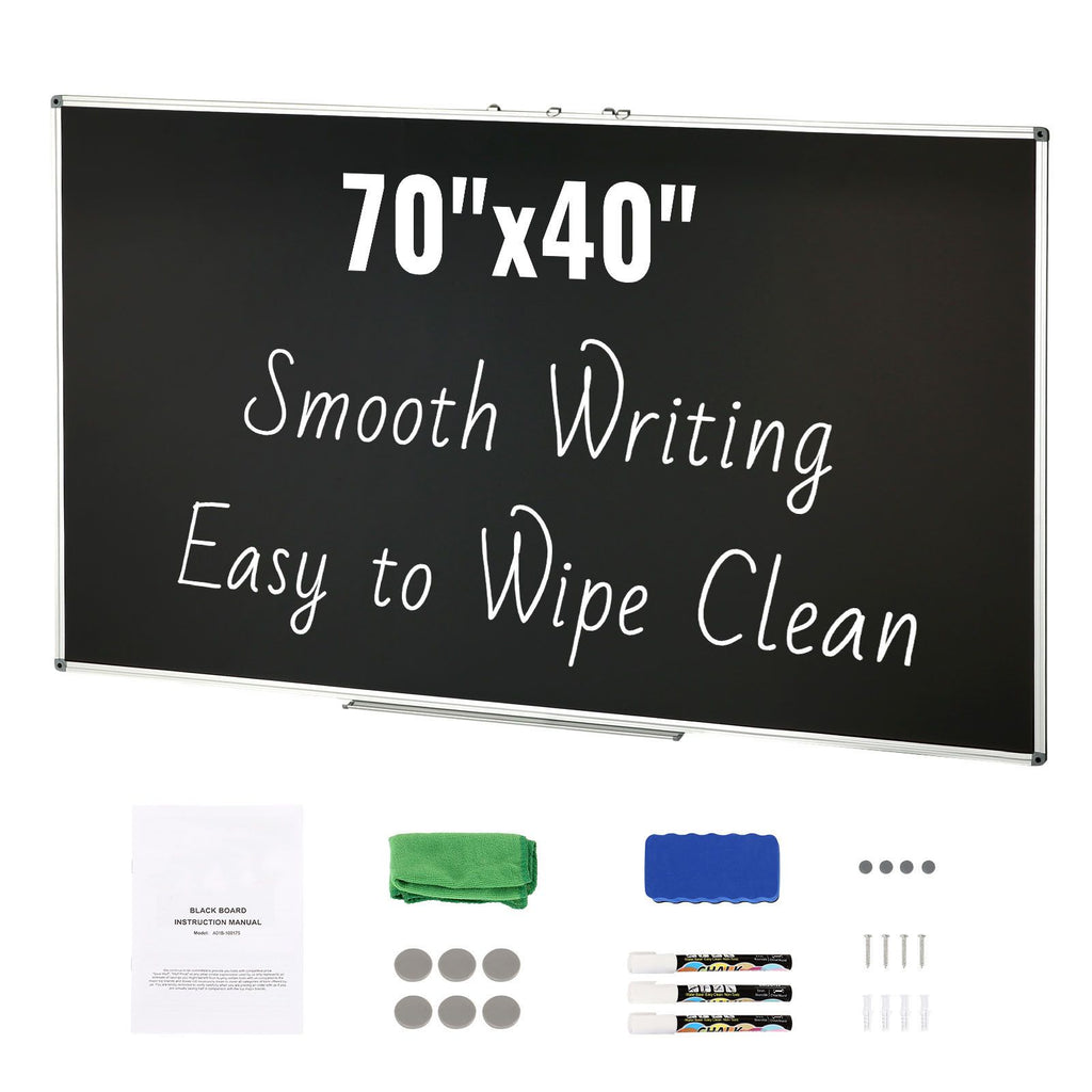 Black Board, 70 x 40 inch Large Chalkboard with Aluminum Frame, Black Boards Dry Erase Includes 1 Magnetic Erase & 3 Dry Erase Markers, Black Surface, for Office Home and School