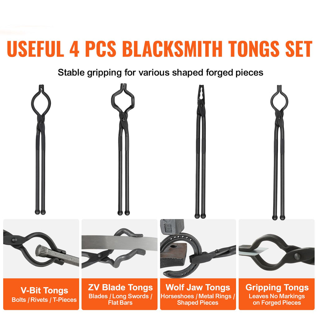 Blacksmith Tongs, 18' 4 PCS, V-Bit Bolt Tongs, Wolf Jaw Tongs, Z V-Bit Tongs and Gripping Tongs, Carbon Steel Forge Tongs with A3 Steel Rivets, for Beginner and Seasoned Blacksmiths, Bladesmiths