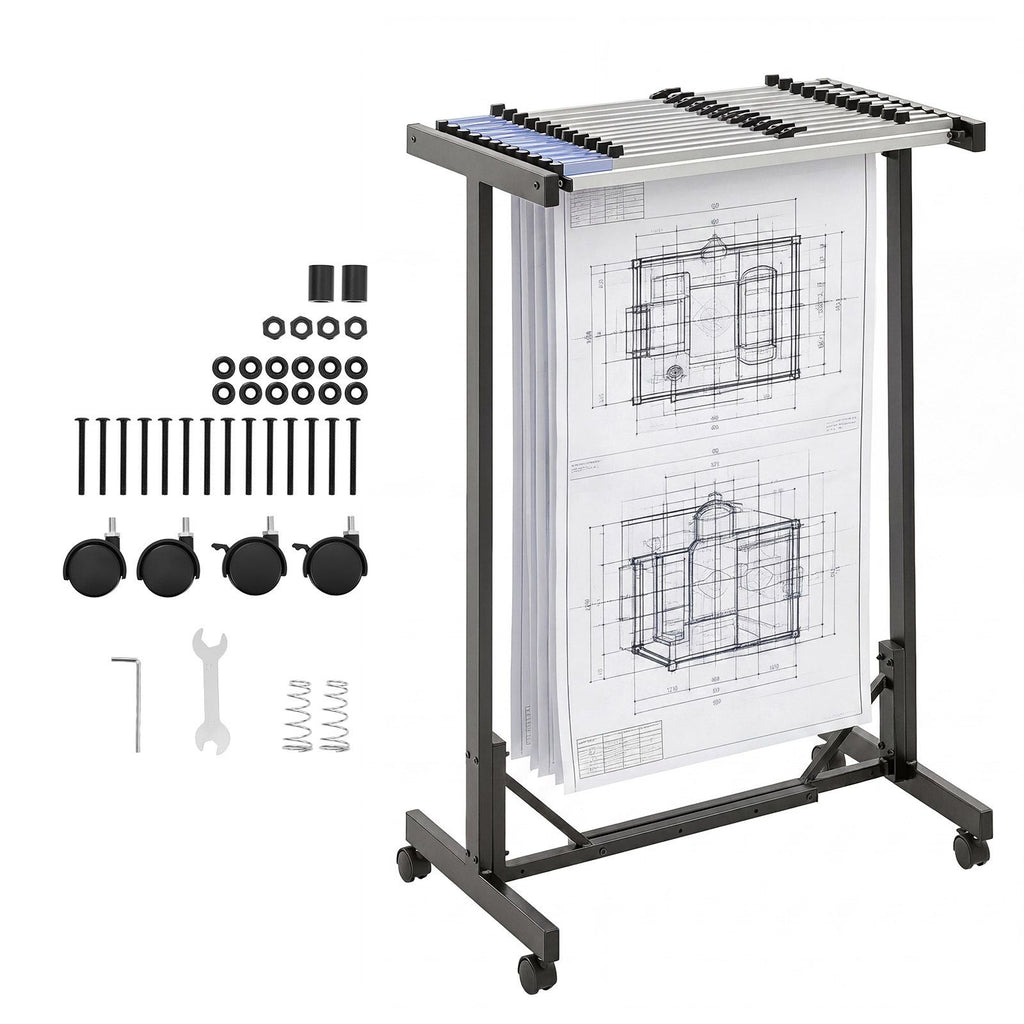 Blueprint Storage Rack, Steel, Mobile Adjustable Blueprint Holder with 12 Pack of 30 Inch Aluminum Clamps, Wheels, Display Rack Storage Organizer Stand, for File Display Plan Poster Office Home