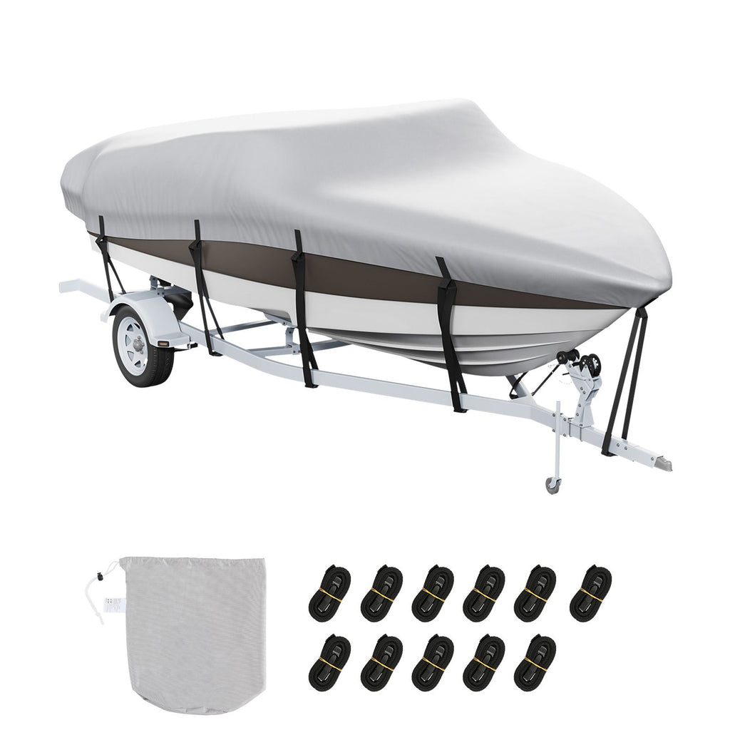 Boat Cover, 16'-18.5' Trailerable Waterproof Boat Cover, 600D Marine Grade PU Oxford, with Motor Cover and Buckle Straps, for V-Hull, Tri-Hull, Fish Ski Boat, Runabout, Bass Boat, Grey