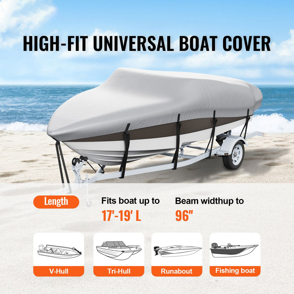 Boat Cover, 17'-19' Trailerable Waterproof Boat Cover, 600D Marine Grade PU Oxford, with Motor Cover and Buckle Straps, for V-Hull, Tri-Hull, Runabout, Bass Boat, Fish Ski Boat, Grey image 2