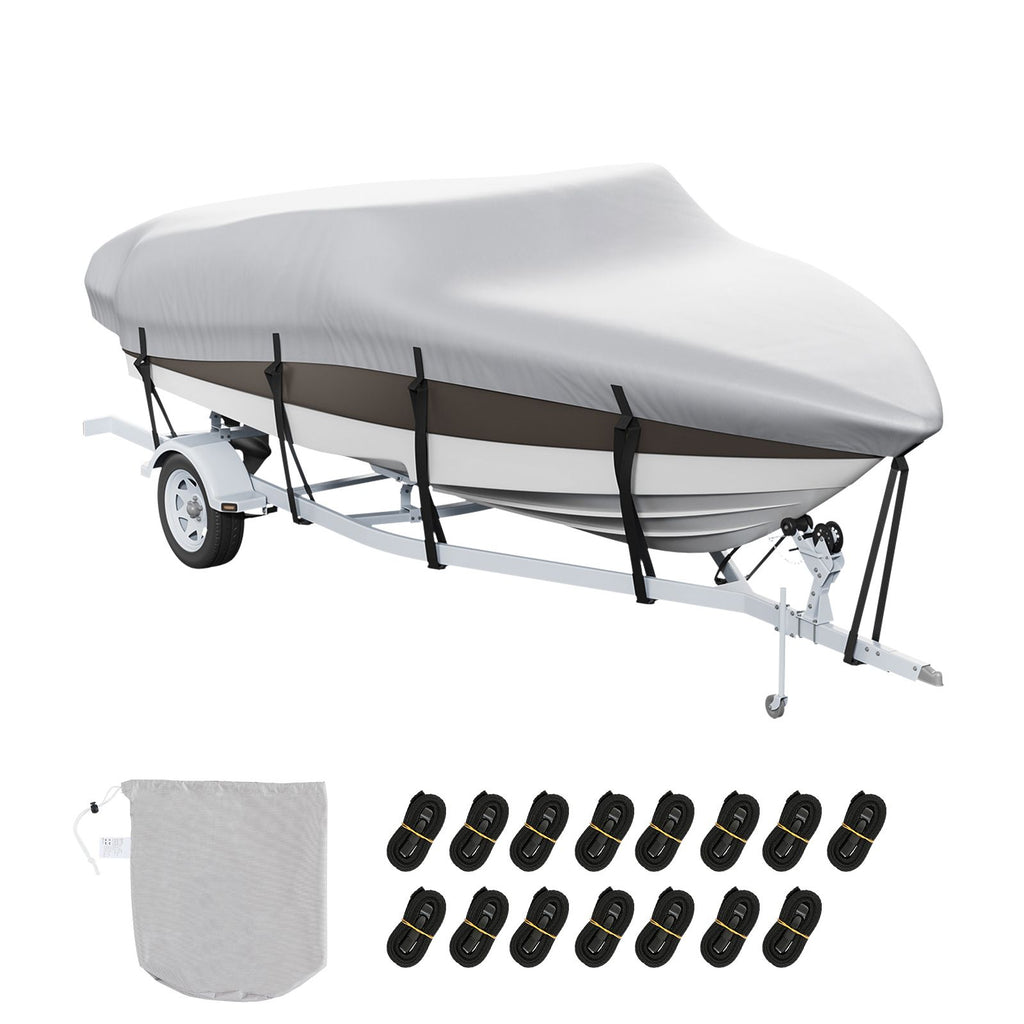 Boat Cover, 20'-22' Trailerable Waterproof Boat Cover, 600D Marine Grade PU Oxford, with Motor Cover and Buckle Straps, for V-Hull, Tri-Hull, Fish Ski Boat, Runabout, Bass Boat, Grey