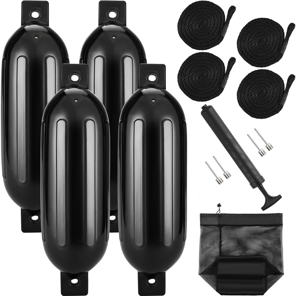 Boat Fenders, 5.5" x 20" Boat Bumpers for Docking, Inflatable Ribbed Fender with Center Holes, Marine Boat Dock Fender Bumper with Air Pump, 4 Needles and 4 Ropes and Storage Bag, Black